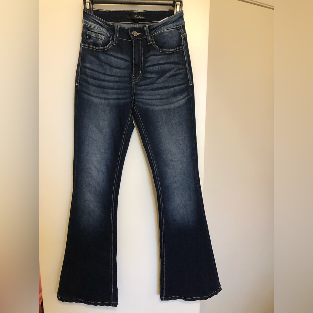 KanCan flare jeans size W3 25, dark blue wash with feathering, EUC